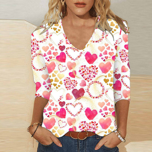 3d Digital Printing Valentine's Day Heart Printing Women's Cute Casual Loose V-neck 34 Sleeves T-shirt