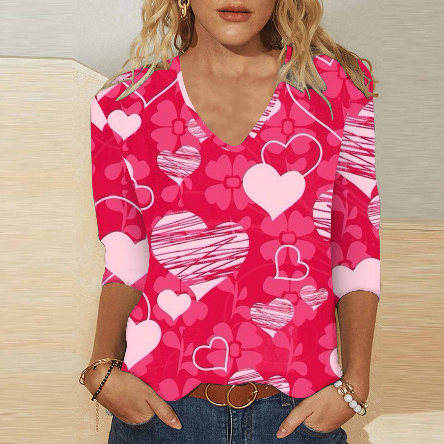 3d Digital Printing Valentine's Day Heart Printing Women's Cute Casual Loose V-neck 34 Sleeves T-shirt