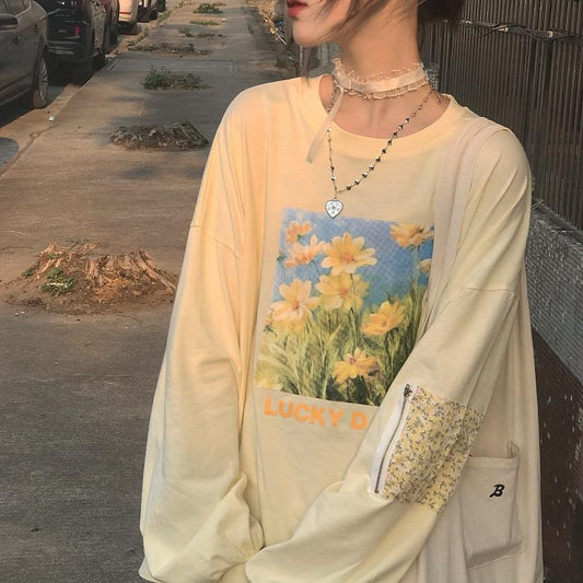 Autumn Japanese Oil Painting Style Sweet Flower Printed Long-sleeved Top