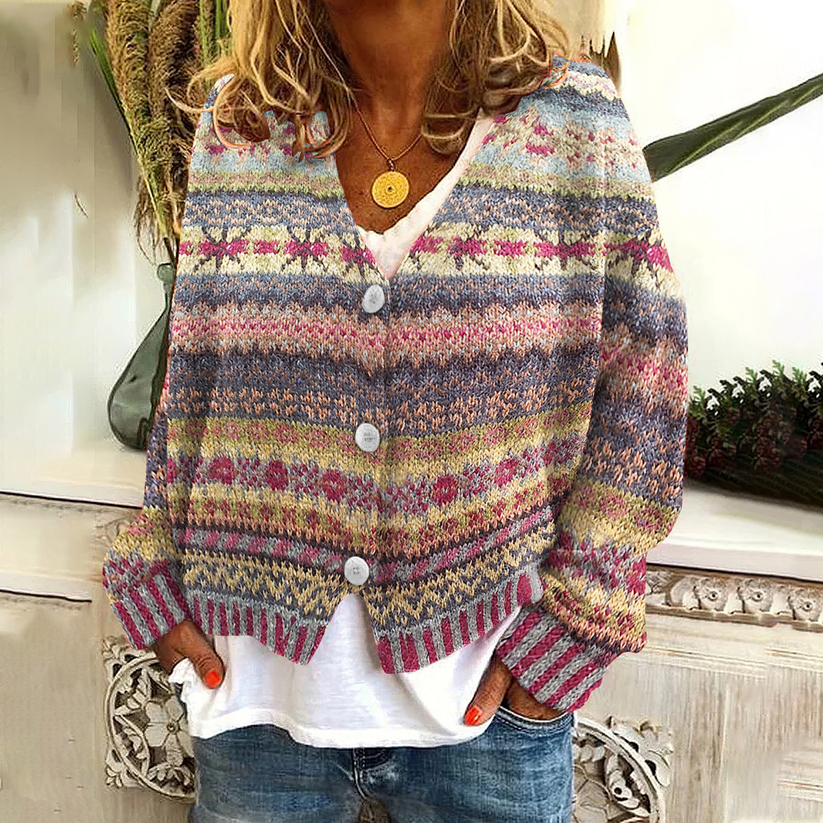 Abstract Printed Casual Cape Jacket Cardigan Sweater